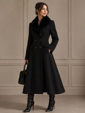 Anne Klein II Vintage Wool Coat Faux Fur Collar Long Black Coat Size 6 Classic